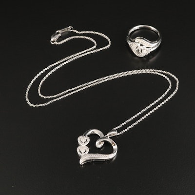 Sterling Diamond Heart Ring and Necklace