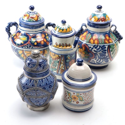 Moroccan Earthenware Urn with Silver Overlay with Other Faïence Containers