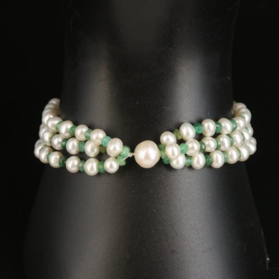 14K Pearl and Emerald Triple Strand Bracelet