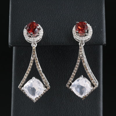 Sterling Rose Quartz, Garnet and Diamond Drop Earrings with Enhancers