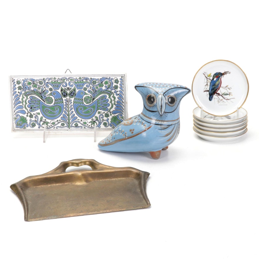 Tonala Art Pottery Owl with Kaiser Porcelain Saucers and Other Bird Décor
