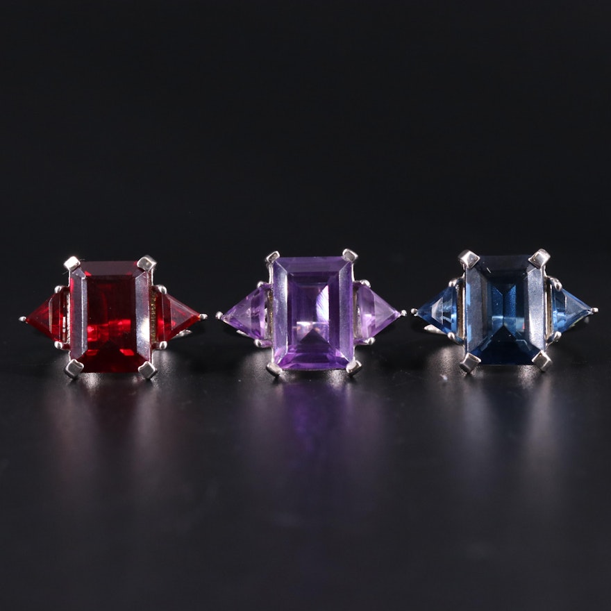Sterling Silver Ring Trio Including Sapphire, Garnet, and Amethyst