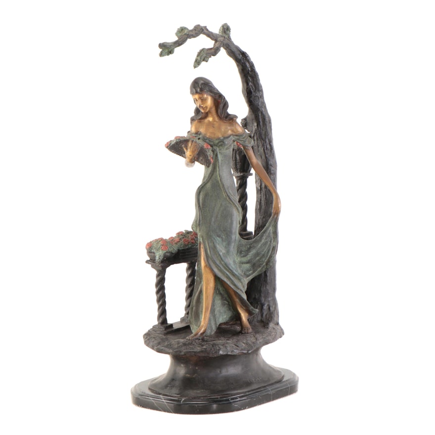 Patinated Bronze Sculpture of Girl With Flowers