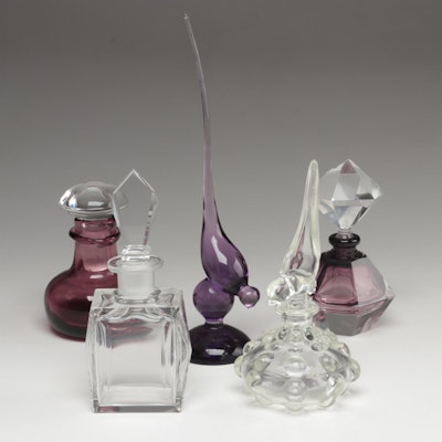 Amethyst, Cranberry and Clear Glass Perfume Bottles, Viking Glass Long Tail Bird