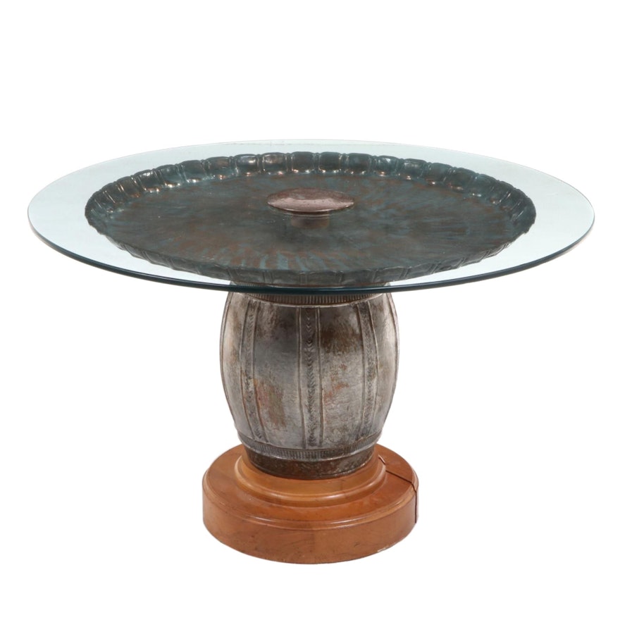 Indian Chased Metal Tinned Copper-Base Dining Table with Glass Top