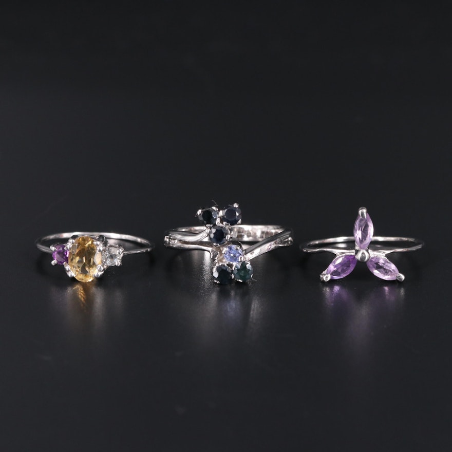 Sterling Silver Ring Trio Including Citrine and Amethyst