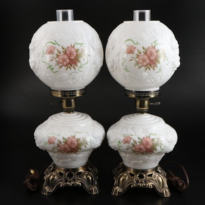 Floral Decorated Milk Glass Parlor Lamps with Hurricanes, Mid-20th Century