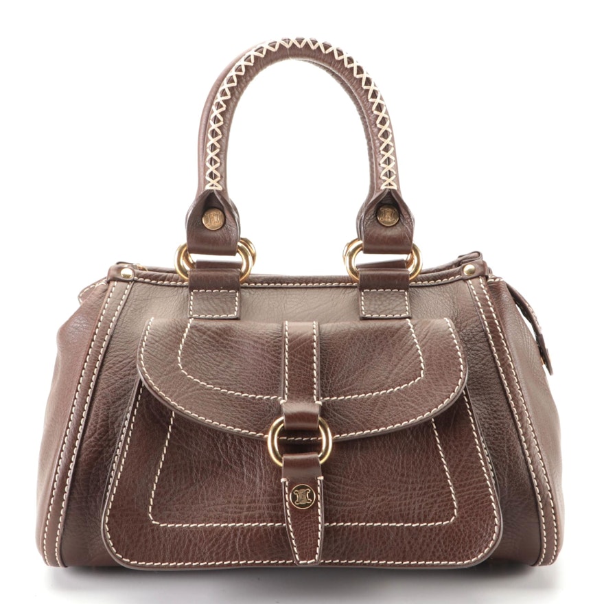 Celine Front Pocket Handbag in Brown Grained Leather with Contrast Stitching