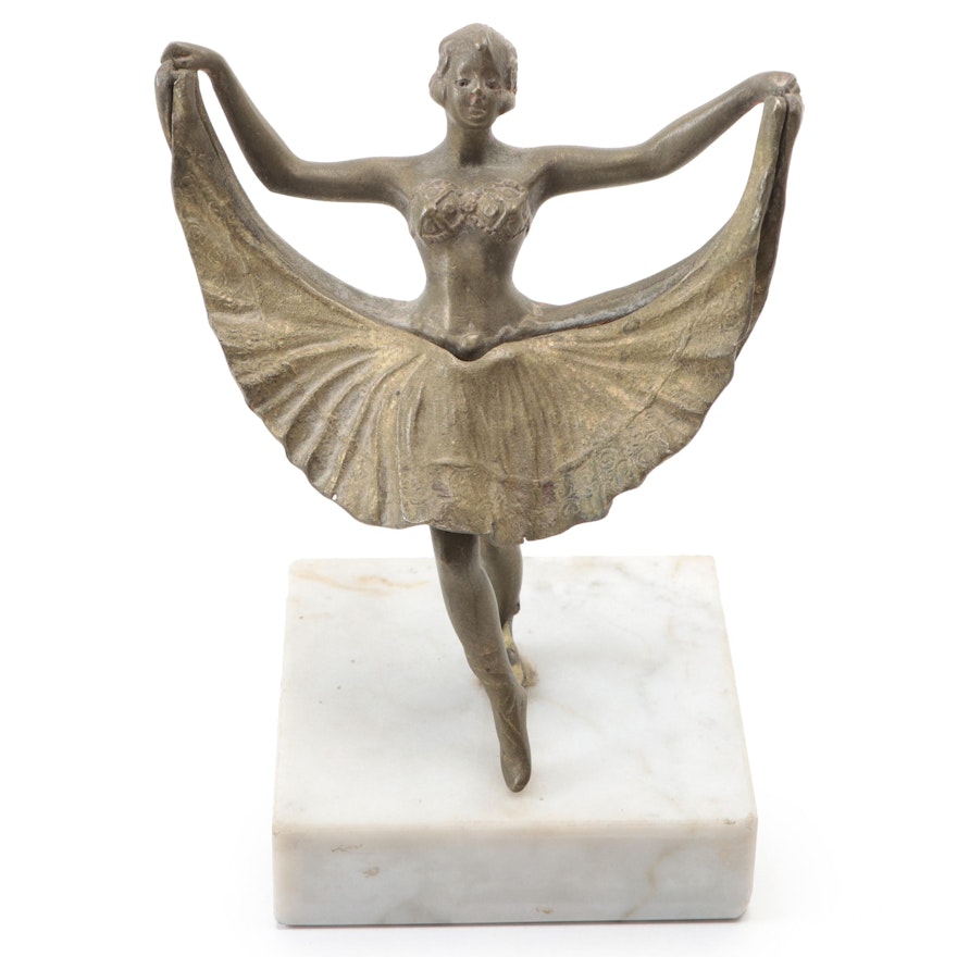 Art Deco Cast Metal on Marble Figural Dancing Woman