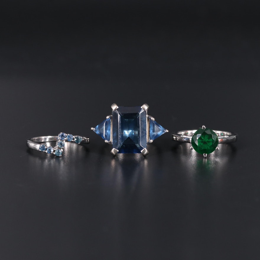 Sterling Silver Ring Collection Including Sapphire and Emerald