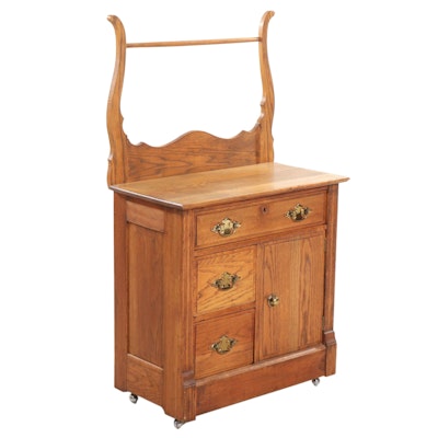 Victorian Oak Washstand with Towel Bar, Late 19th Century
