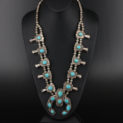 Southwestern Sterling Turquoise Squash Blossom Necklace with Naja