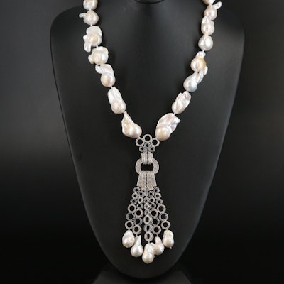 Cubic Zirconia and Spinel Enhancer Pendant on Pearl Necklace