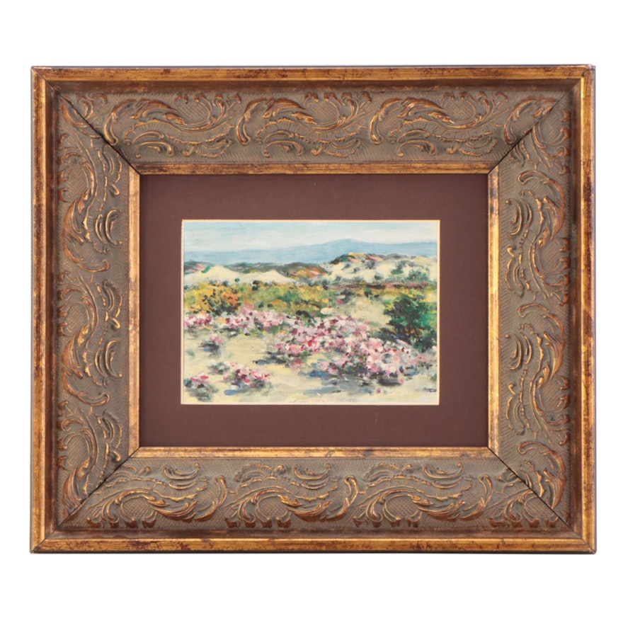 Landscape Oil Painting of Field With Flowers, Late 20th Century