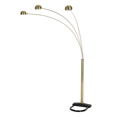 Mid Century Modern Style Brass Finished Metal Three-Arm Arc Floor Lamp