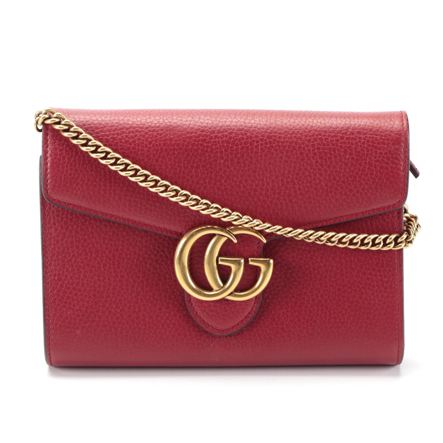 Gucci GG Marmont Leather Chain Wallet in Red Grained Leather with Box