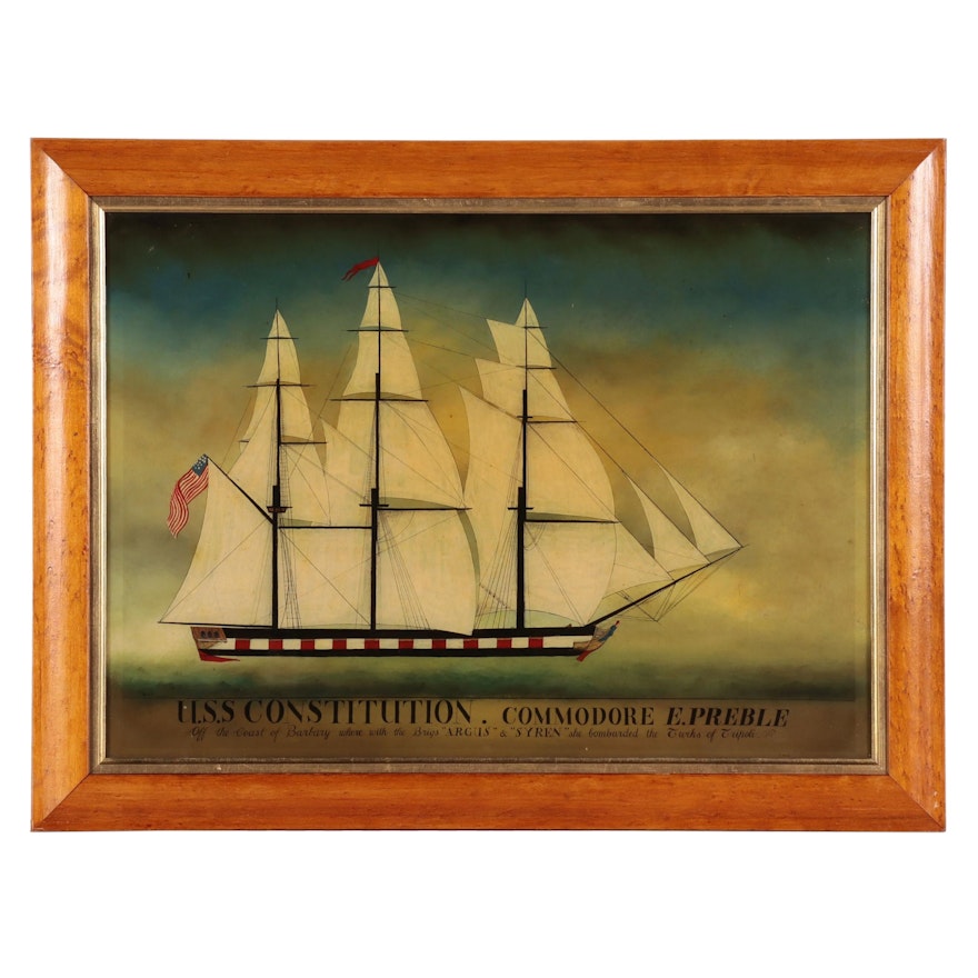 American School Style Watercolor Painting "U.S.S. Constitution," 19th Century