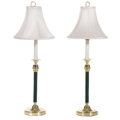 Pair of Hunter Green Candlestick Buffet Lamps, Late 20th Century