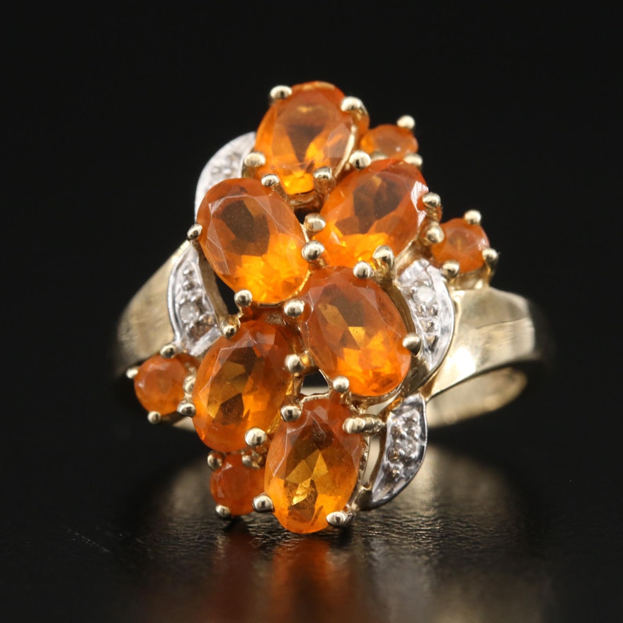 10K Fire Opal and Diamond Cluster Ring