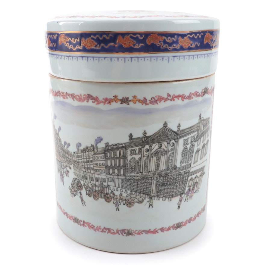 Chinese Port of Canton Scene Enameled Porcelain Jar