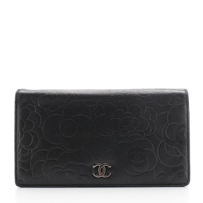 Chanel Long Wallet in Nero Camellia Embossed Lambskin Leather with Box