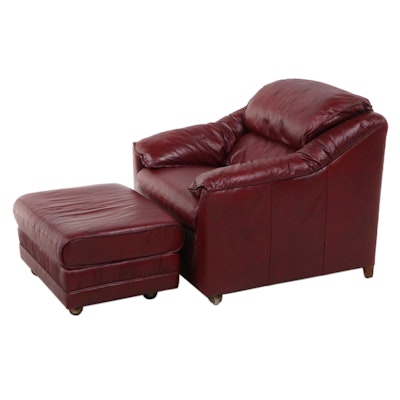 Leathercraft Inc. Red Leather Easy Armchair and Ottoman, Late 20th Century