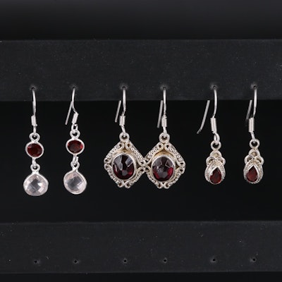 Sterling Silver Earring Collection Including Rose Quartz and Garnet