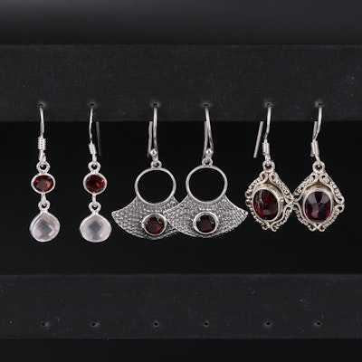 Sterling Silver Earring Collection Including Garnet and Rose Quartz