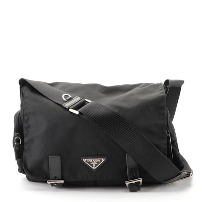 Prada Buckle-Flap Messenger Bag in Black Nylon Gabardine and Leather Trim