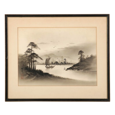 Chinese Landscape Ink Wash Painting of Sailboat on River