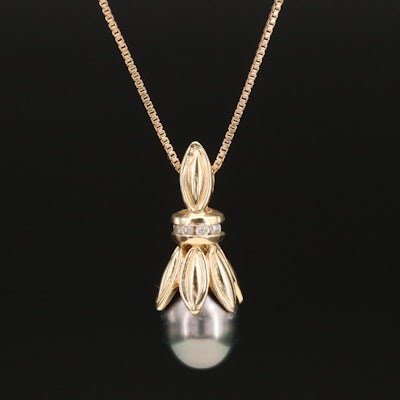 14K Pearl and Diamond Pendant on Sterling Box Chain Necklace