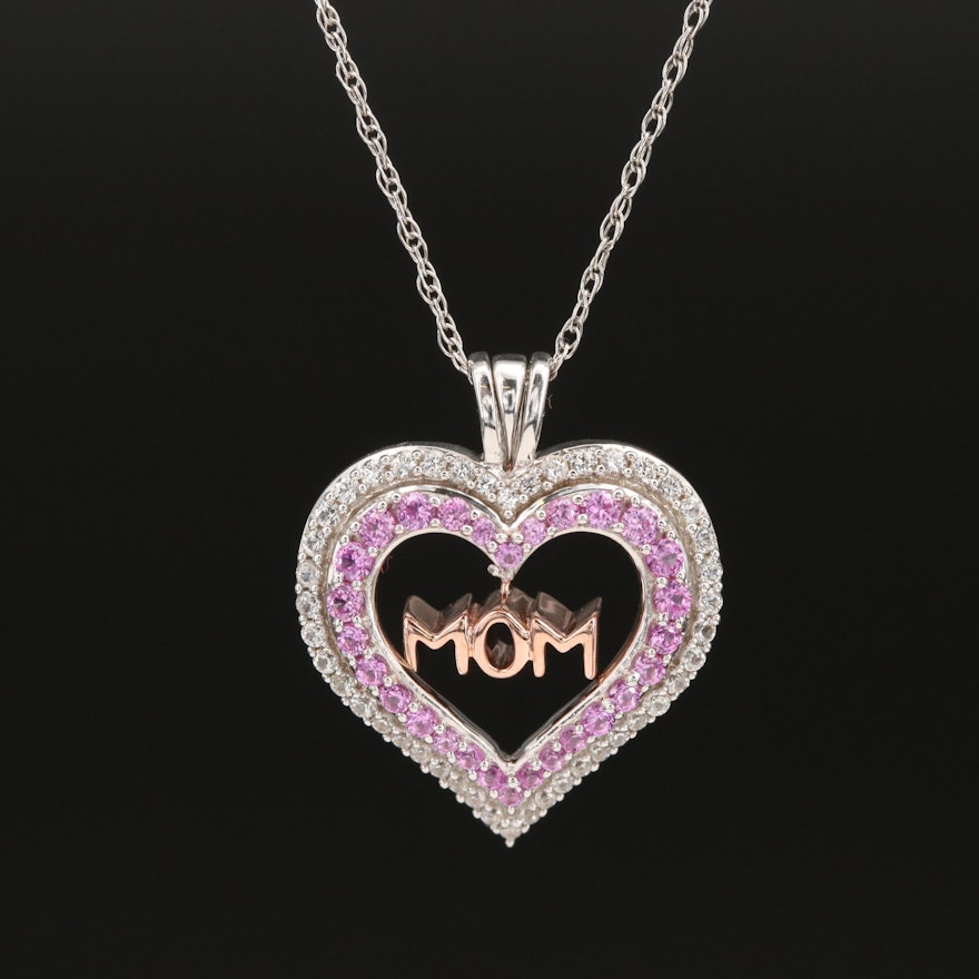 Sterling Sapphire and White Sapphire "Mom" Heart Pendant Necklace