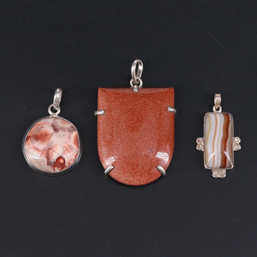 Sterling Silver Pendant Collection Including Sun Stone and Agate