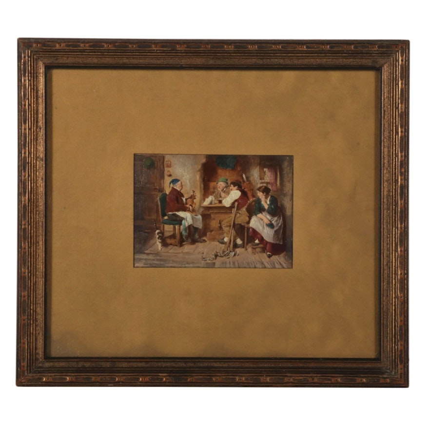 Genre Oil Painting of Bavarian Figures at Table, Late 19th-Early 20th Century