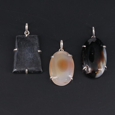 Sterling Silver Pendant Collection Including Agate and Serpentine