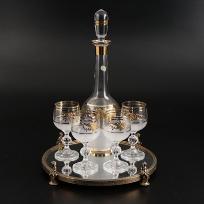 Czechoslovakia Bohemian Gold-Detailed Decanter Set with Mirrored Lazy Susan