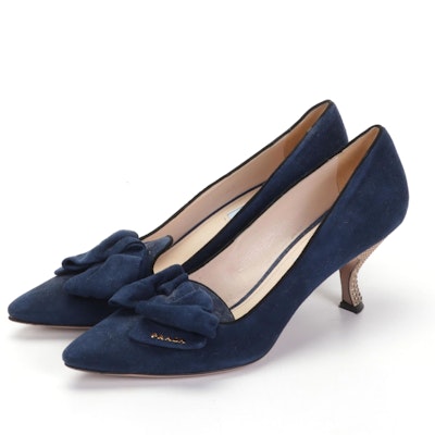 Prada Donna Embellished Heel Blue Suede Bow Pumps with Box