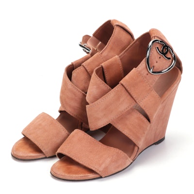 Chanel Brown Suede Wedge Sandals with Interlocking CC Heart Buckle