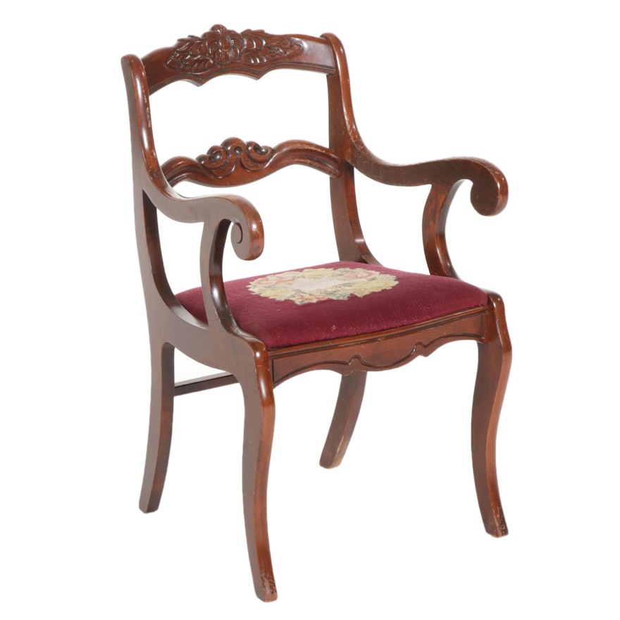 Victorian Style Rose-Carved and Needlepoint Seat Dining Armchair