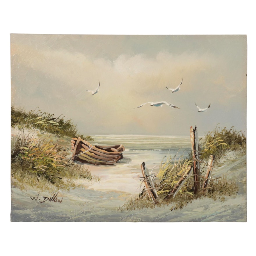 W. Dillon Seascape Oil Painting of Dinghy on Coastal Beach, Late 20th Century