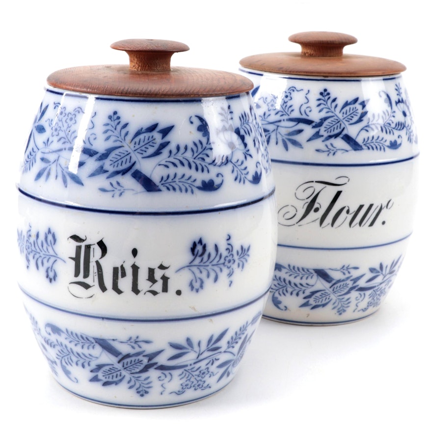 German Blue Danube Pattern Earthenware Canisters, Early 20th Century