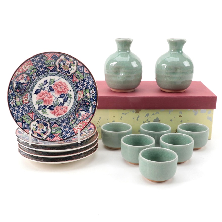 Japanese Celadon Crackle Glazed Earthenware Sake Set and Plates