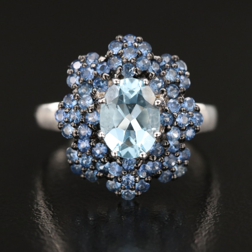 10K Aquamarine and Sapphire Flower Ring