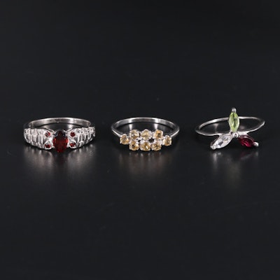 Sterling Silver Ring Trio Including Citrine and Garnet