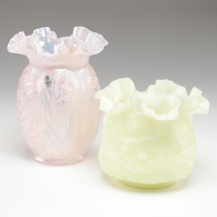Fenton Iridescent Ruffled Rim Vase with Other Vaseline Satin Glass Bowl