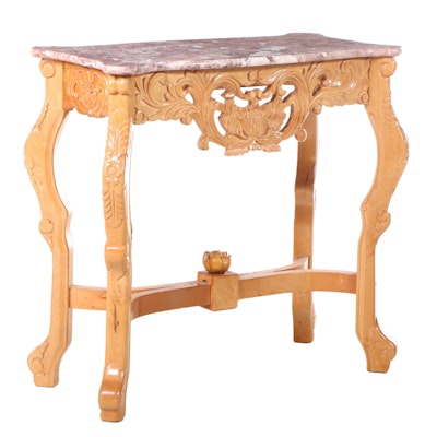 Rococo Style Carved Hardwood and Marble Top Side Table