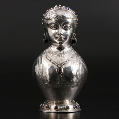 German 13 Lot Silver Figural Jug Ornamented with Glass Cabochons, 19th Century