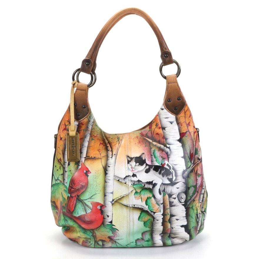 Anuschka "Country Cat" Hand-Painted Leather Hobo Bag