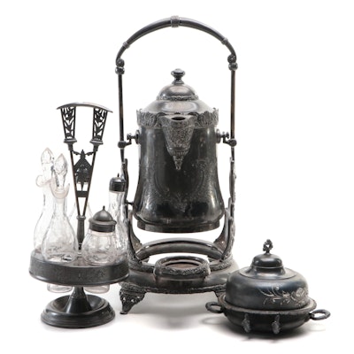 Barbour Silver Co. Tilting Water Pitcher with Other Silver Plate Tableware
