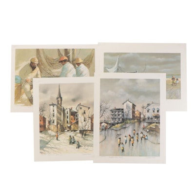 Robert Fabe Beach and Village Scene Offset Lithographs